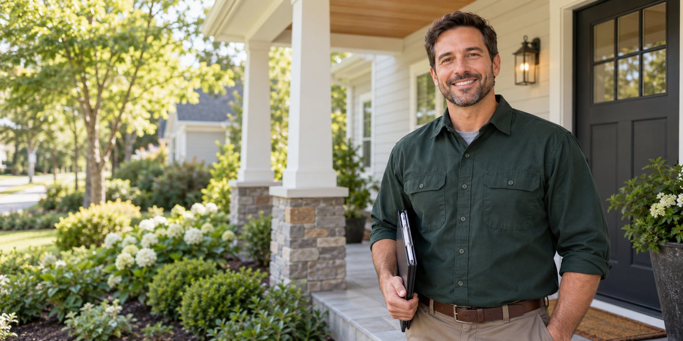 A local home service professional greeting a homeowner on a front porch