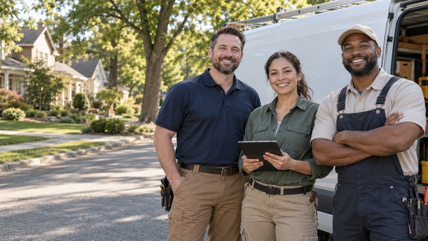 A local home service team standing together in their neighborhood